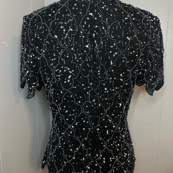 Vintage Papell Boutique Black Silk Beaded Sequin Evening Top | M - Picture 4 of 5